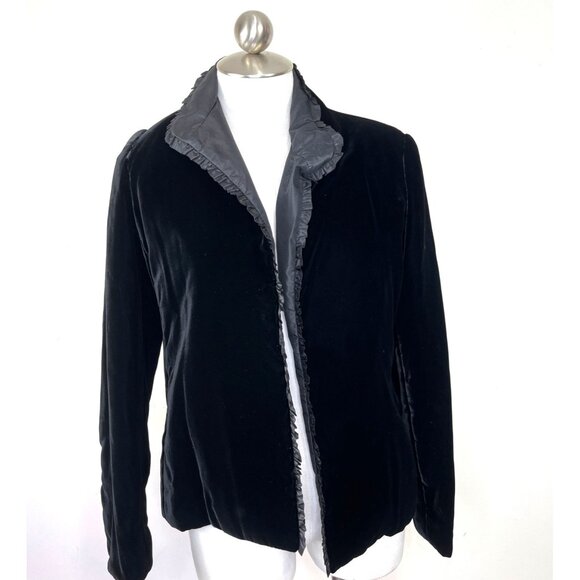 Velvet Jacket Size 42 Black Ruffled Collar Made In Italy Elegant Women's Blazer - Picture 1 of 15
